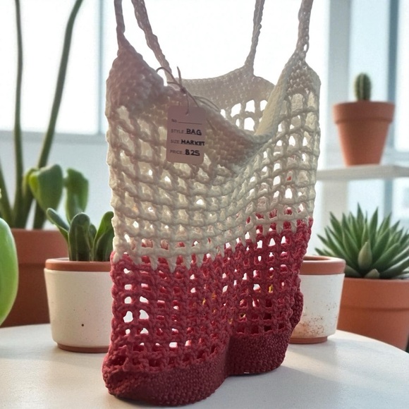 Handmade Handbags - Pink and White Crochet Market Bag